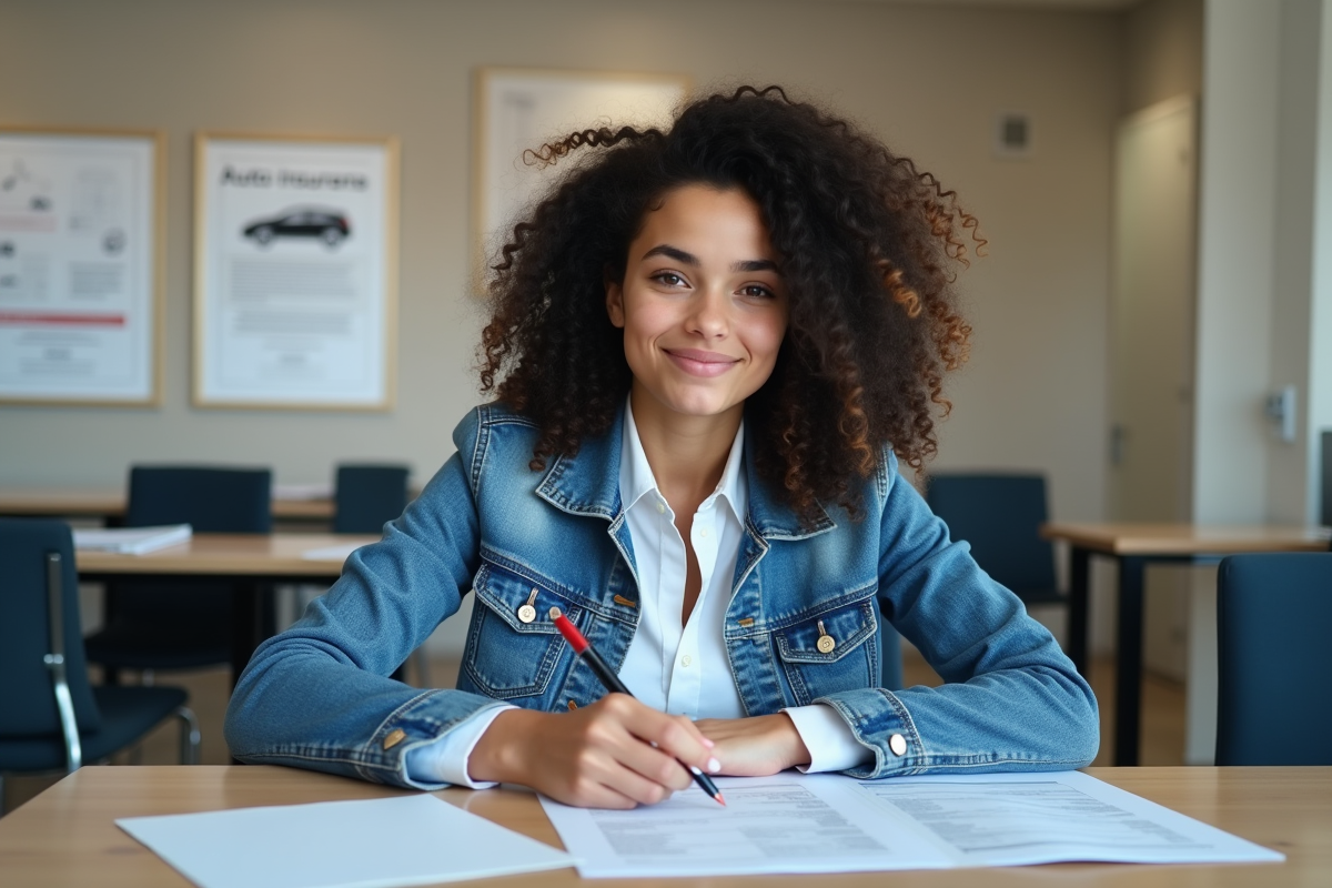 Jeune femme assurant des documents dans un bureau moderne