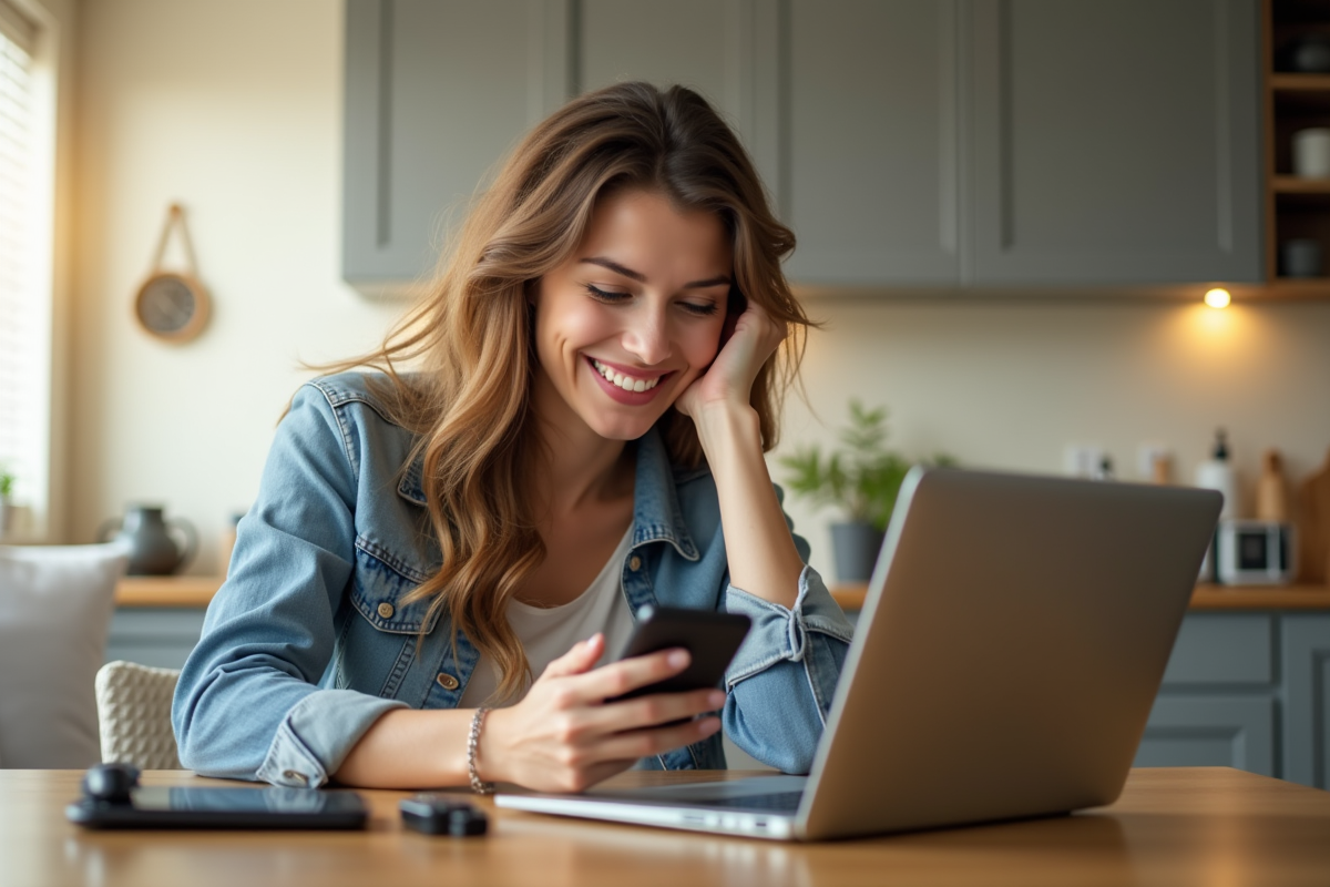 Jeune femme compare offres d'assurance auto sur son smartphone