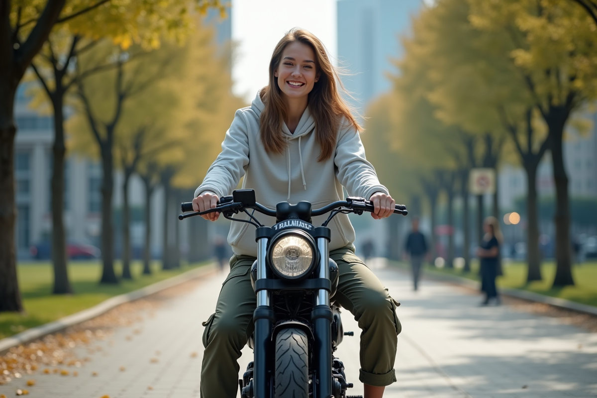 Jeune femme souriante sur une moto Dax en parc urbain