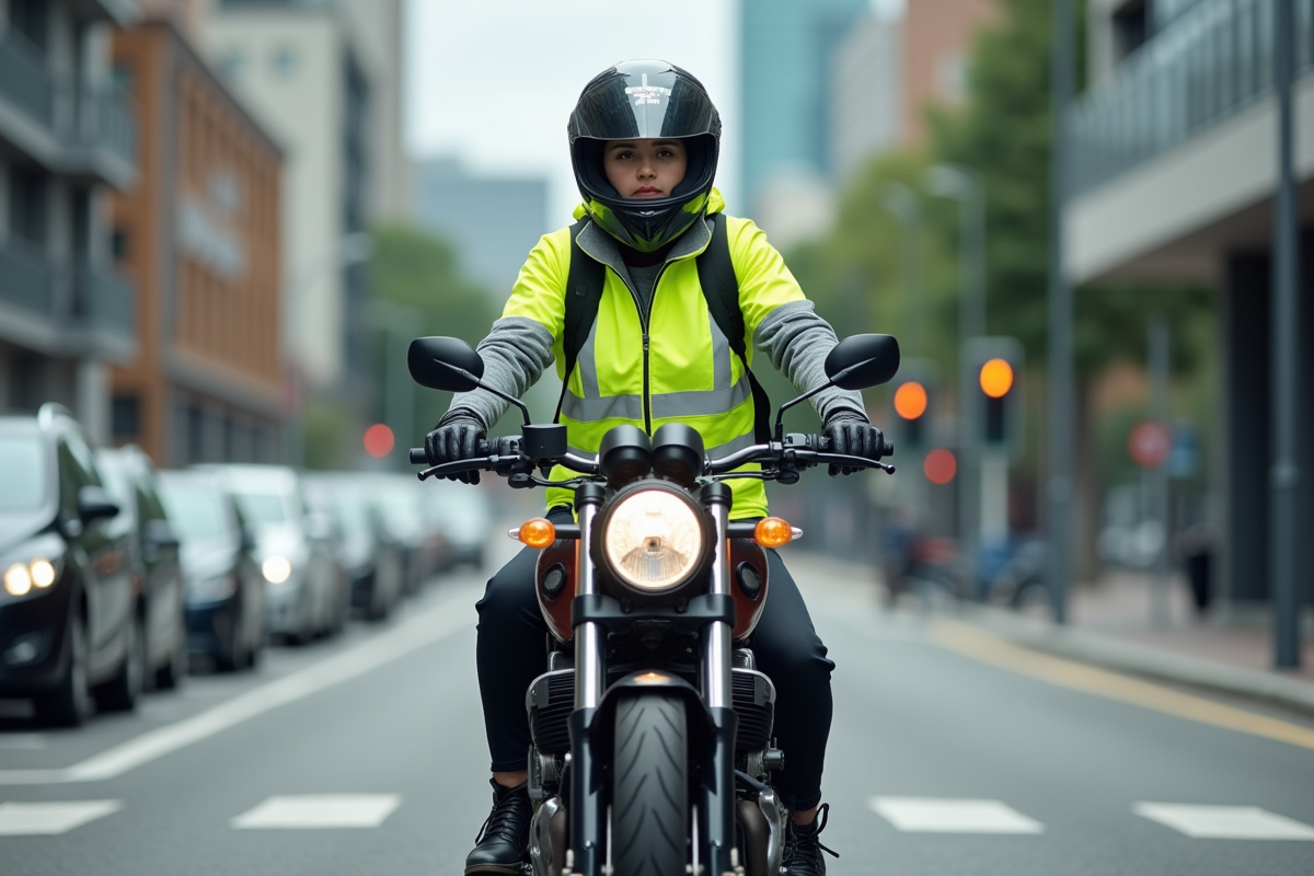 Jeune femme motarde en ville avec moto et bâtiments