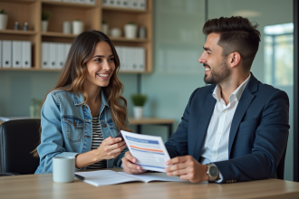 Jeune femme en denim discutant avec un agent municipal
