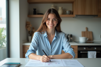 Jeune femme remplissant des papiers avec carte d'identite