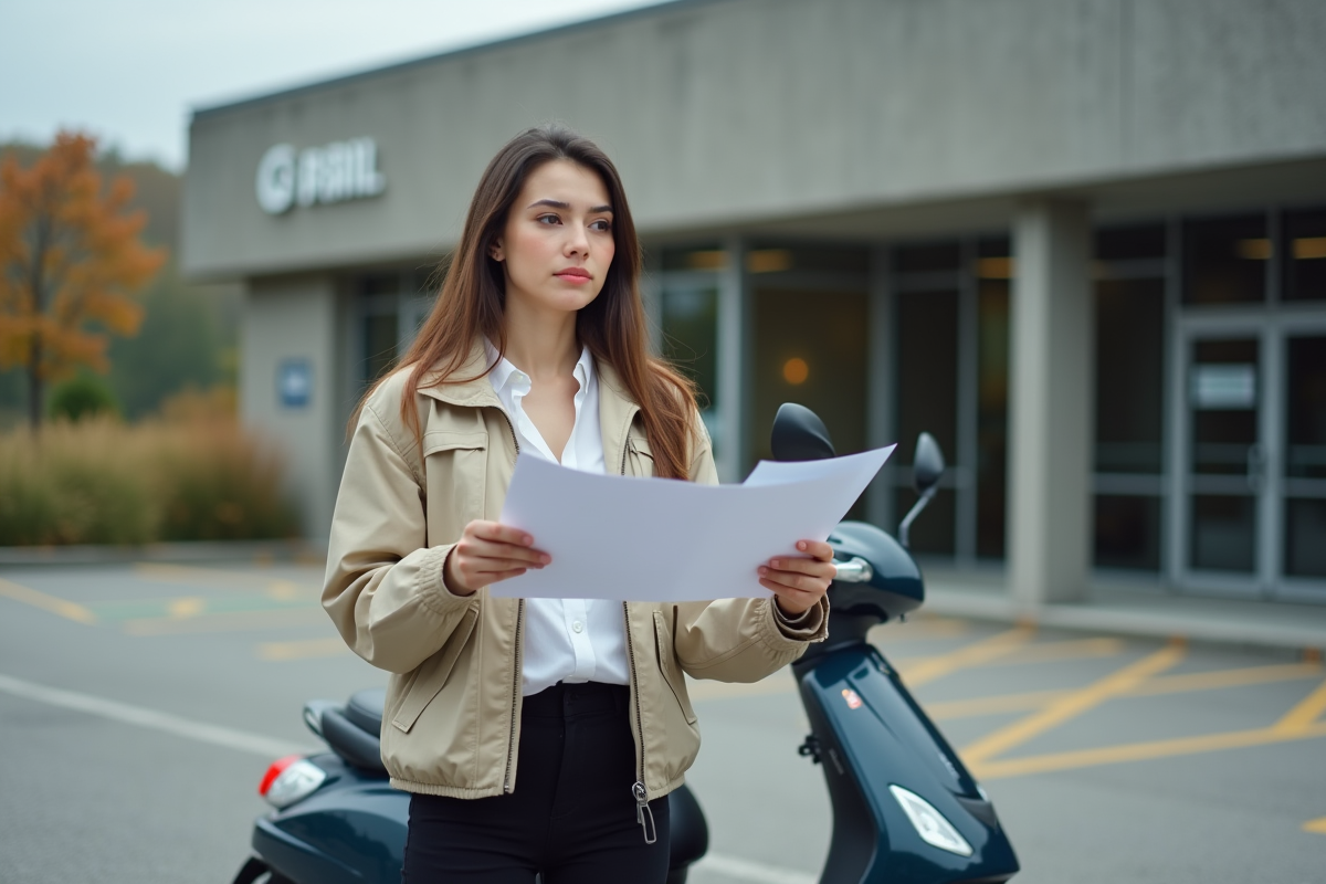 Jeune femme avec scooter et papiers dans un parking de petite ville
