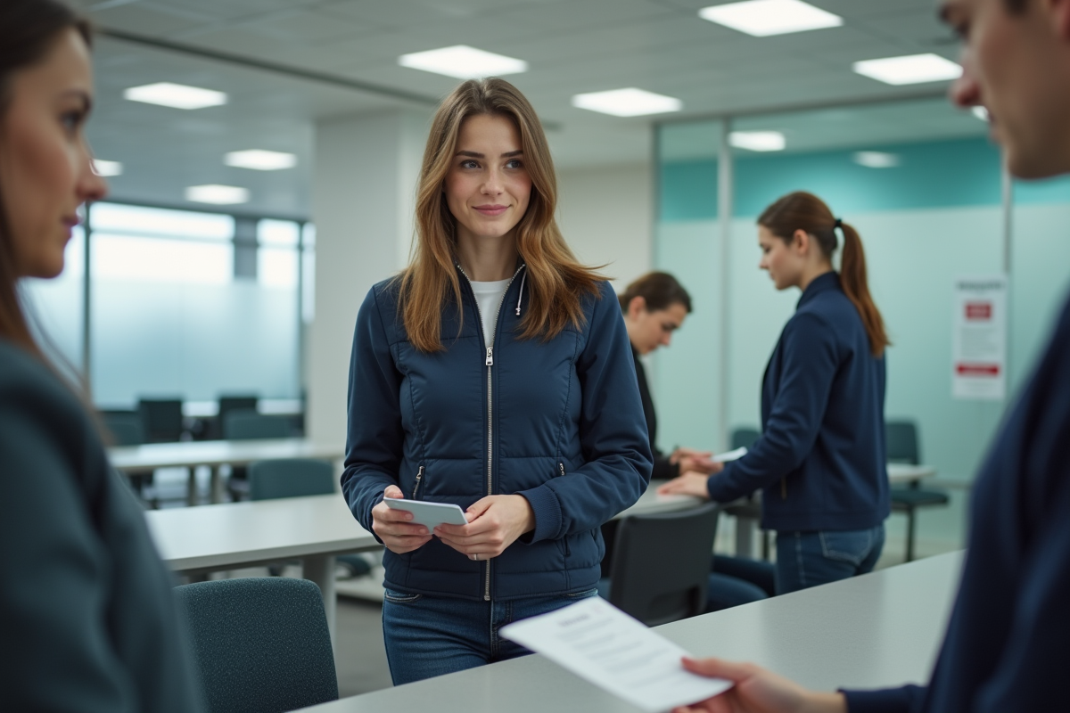 Jeune femme présente son permis à un agent dans un bureau administratif