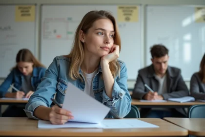 Jeune femme en classe avec test de conduite français