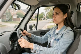 Jeune femme au volant d'une voiture sans permis, illustration pour une assurance VSP