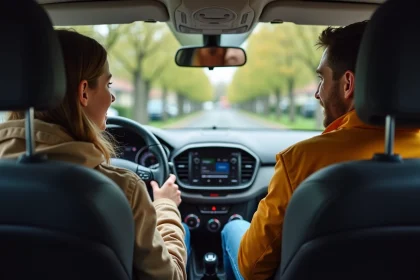 Fille adolescente conduisant avec son père dans une voiture moderne