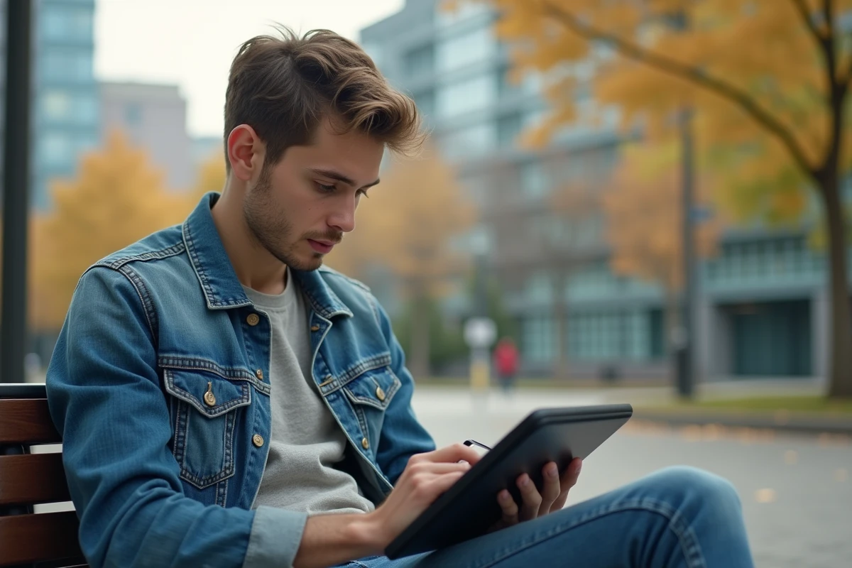 Jeune homme en ville regardant un dessin de voiture sur une tablette