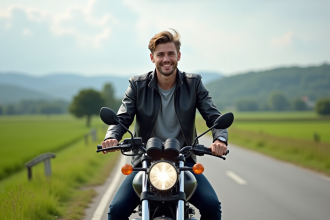 Jeune homme souriant sur une moto 125cc en pleine nature