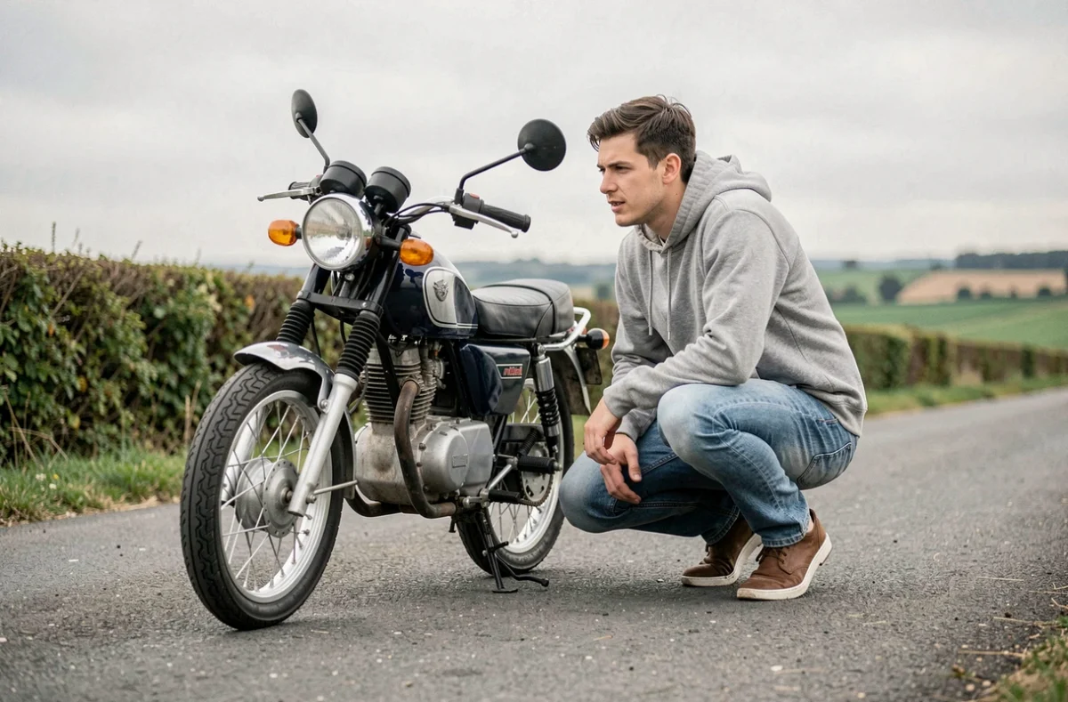 Un jeune homme accroupi près d'une moto 125cc sur une route de campagne, inspectant son véhicule avant de choisir son assurance