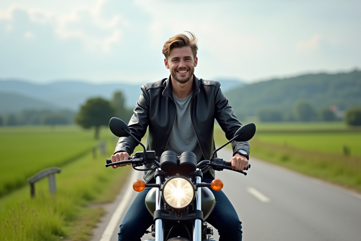 Jeune homme souriant sur une moto 125cc en pleine nature