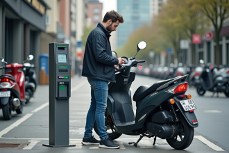 Jeune homme en moto utilisant un terminal de paiement en ville