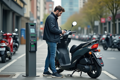 Jeune homme en moto utilisant un terminal de paiement en ville