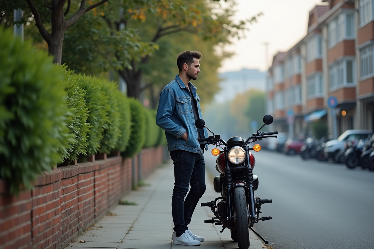 Jeune homme regardant sa moto en ville