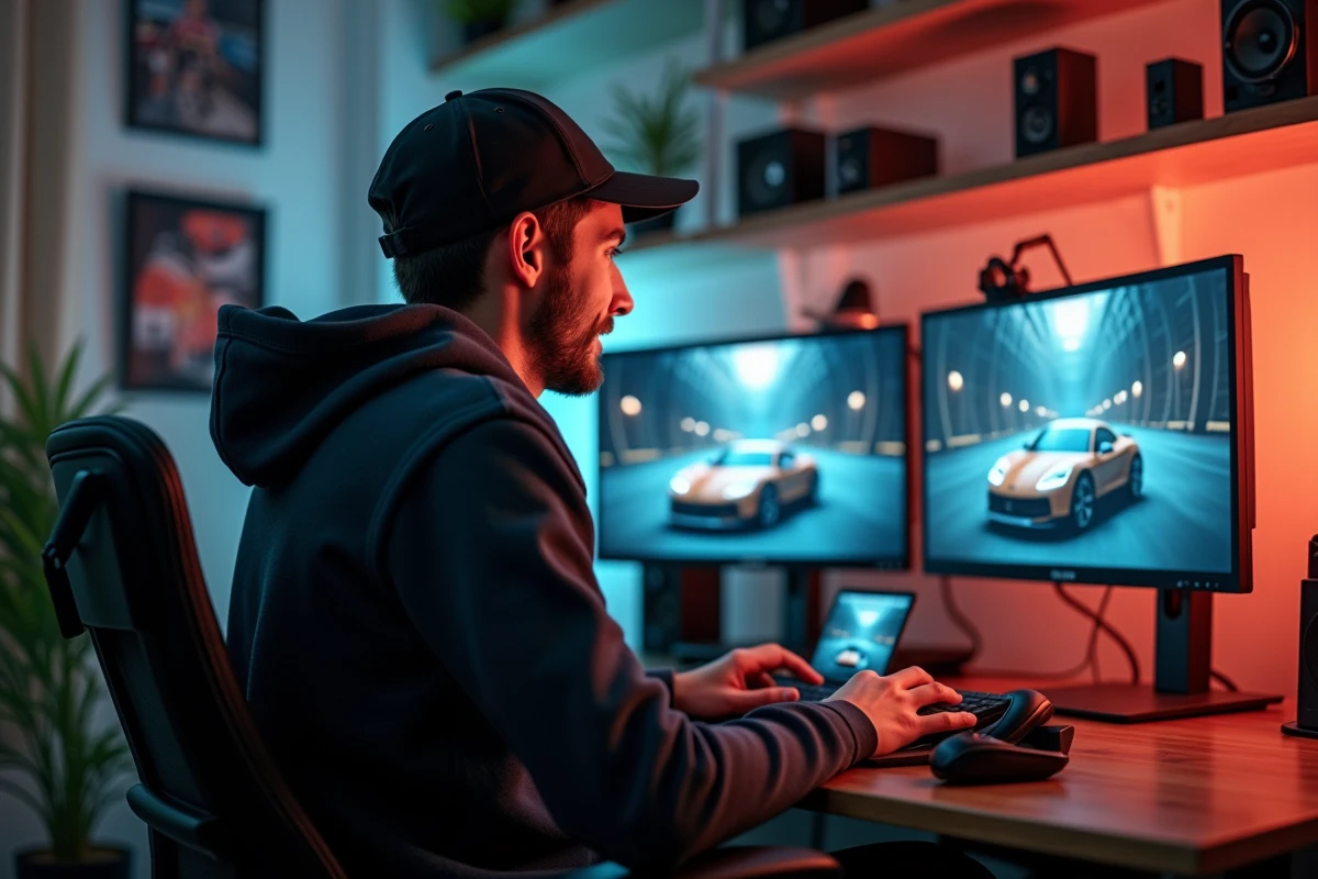 Jeune homme travaillant sur un ordinateur en création vidéo