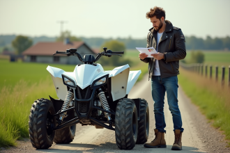 Jeune homme vérifiant son permis près d'un quad Raptor blanc