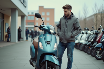 Jeune homme avec scooter neuf devant un concessionnaire