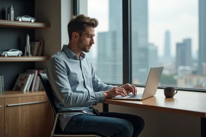Jeune homme en bureau moderne regardant l'actualité tech