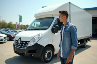 Jeune homme inspectant une van blanche d'occasion en concession