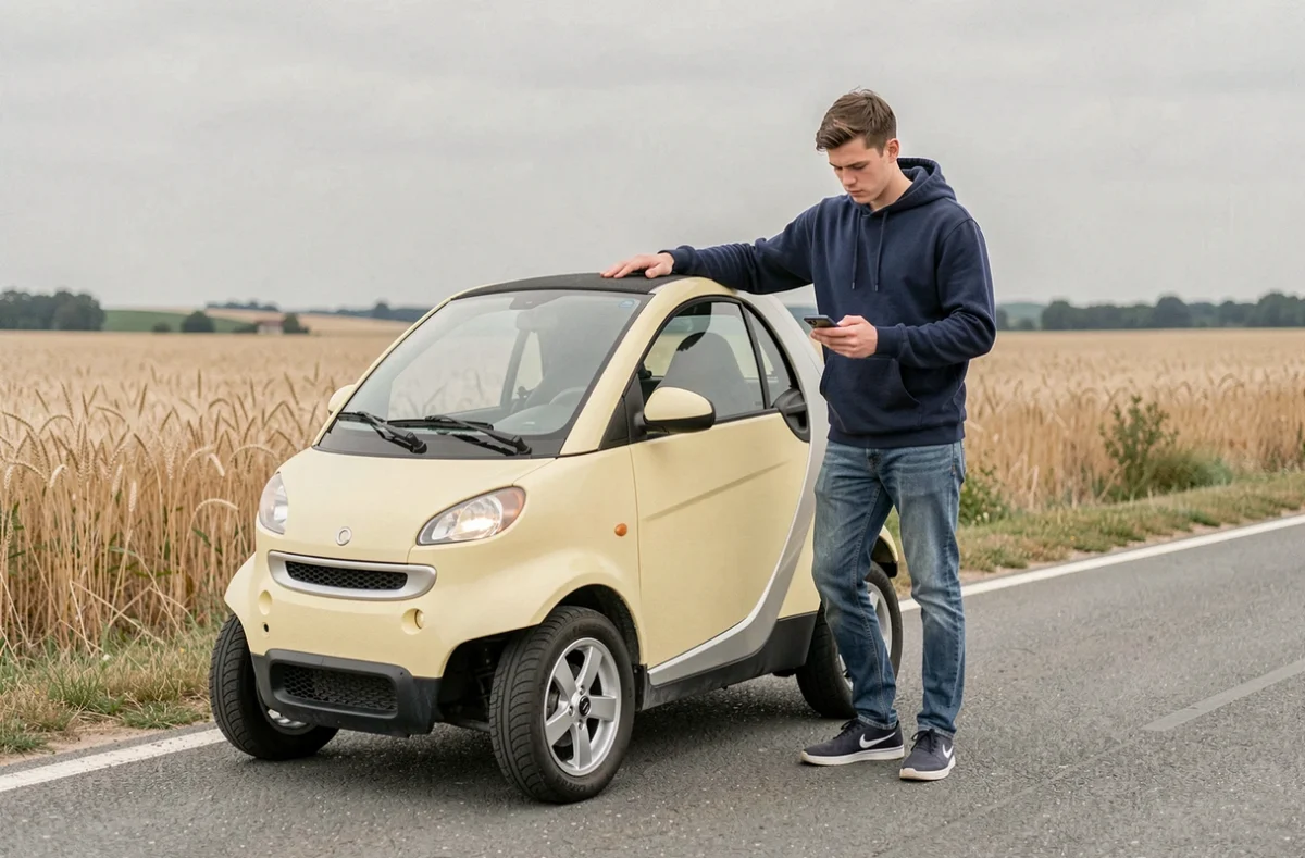 Jeune homme debout à côté d'une voiture sans permis sur une route rurale