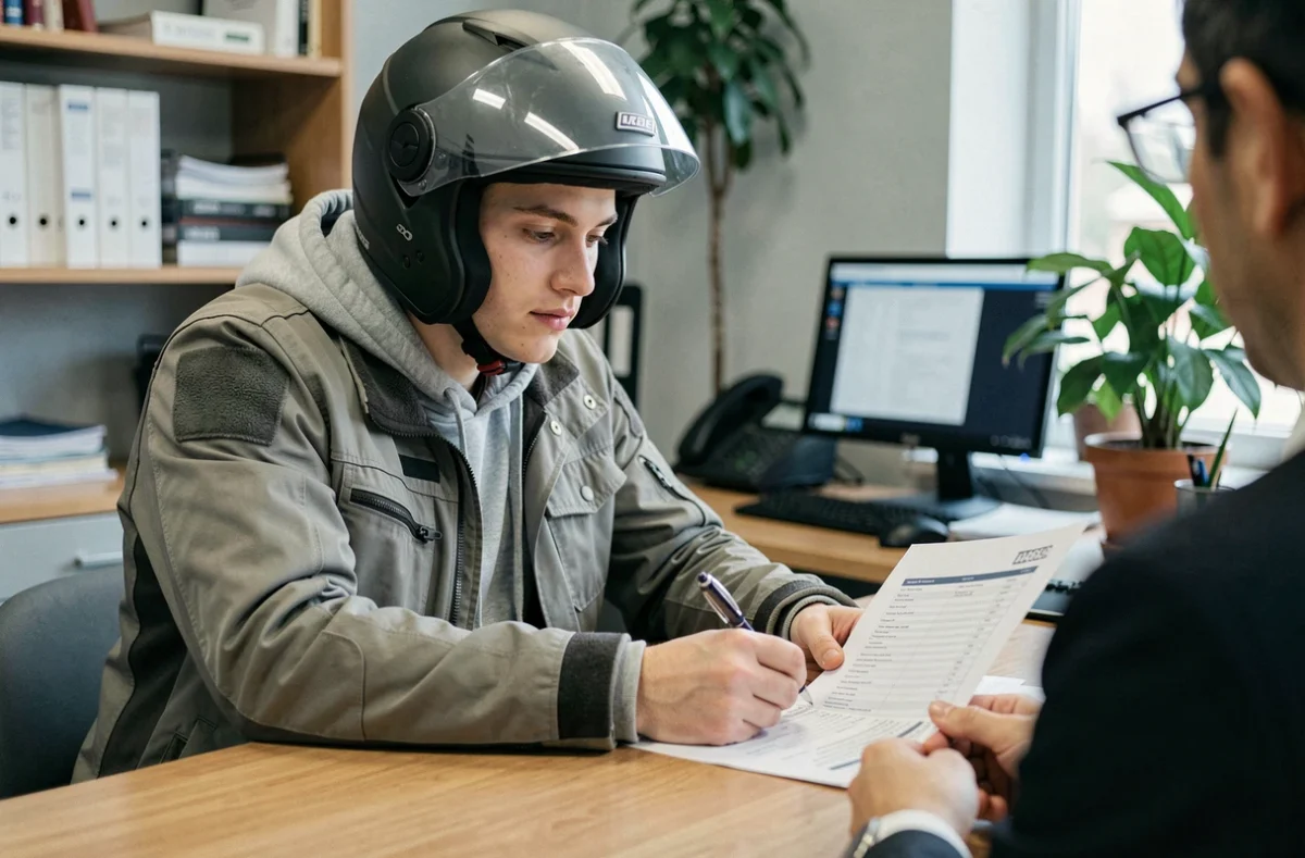 Jeune motard consultant un conseiller en assurance dans une agence, posant des documents sur une table en bois pour choisir son contrat d'assurance moto selon son profil