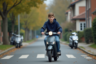 Jeune garçon en hoodie bleu roulant en mobylette dans un quartier résidentiel