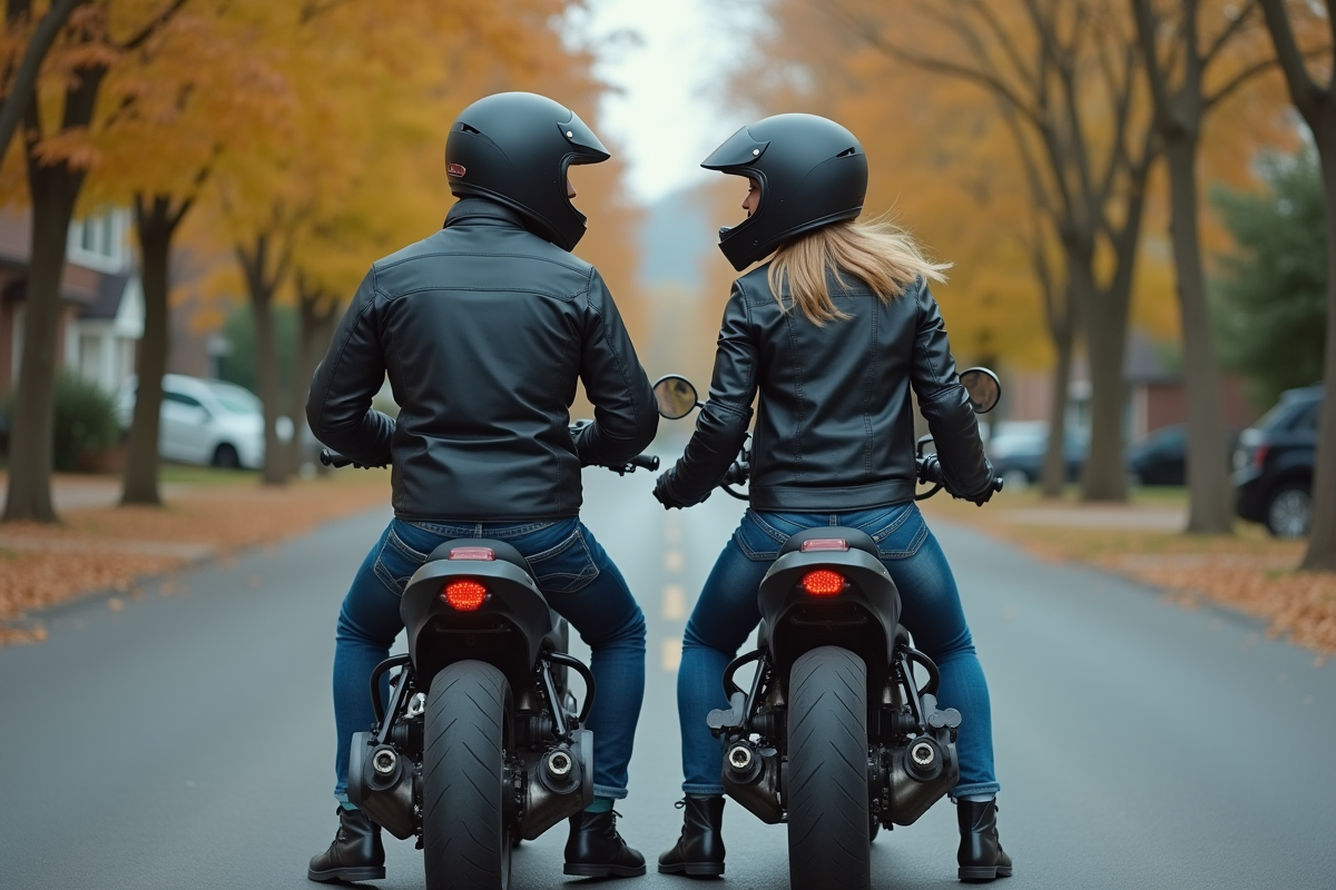 Jeune couple en moto en ville avec casques et vestes de protection