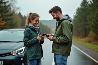 Jeunes adultes vérifiant une application de covoiturage en campagne