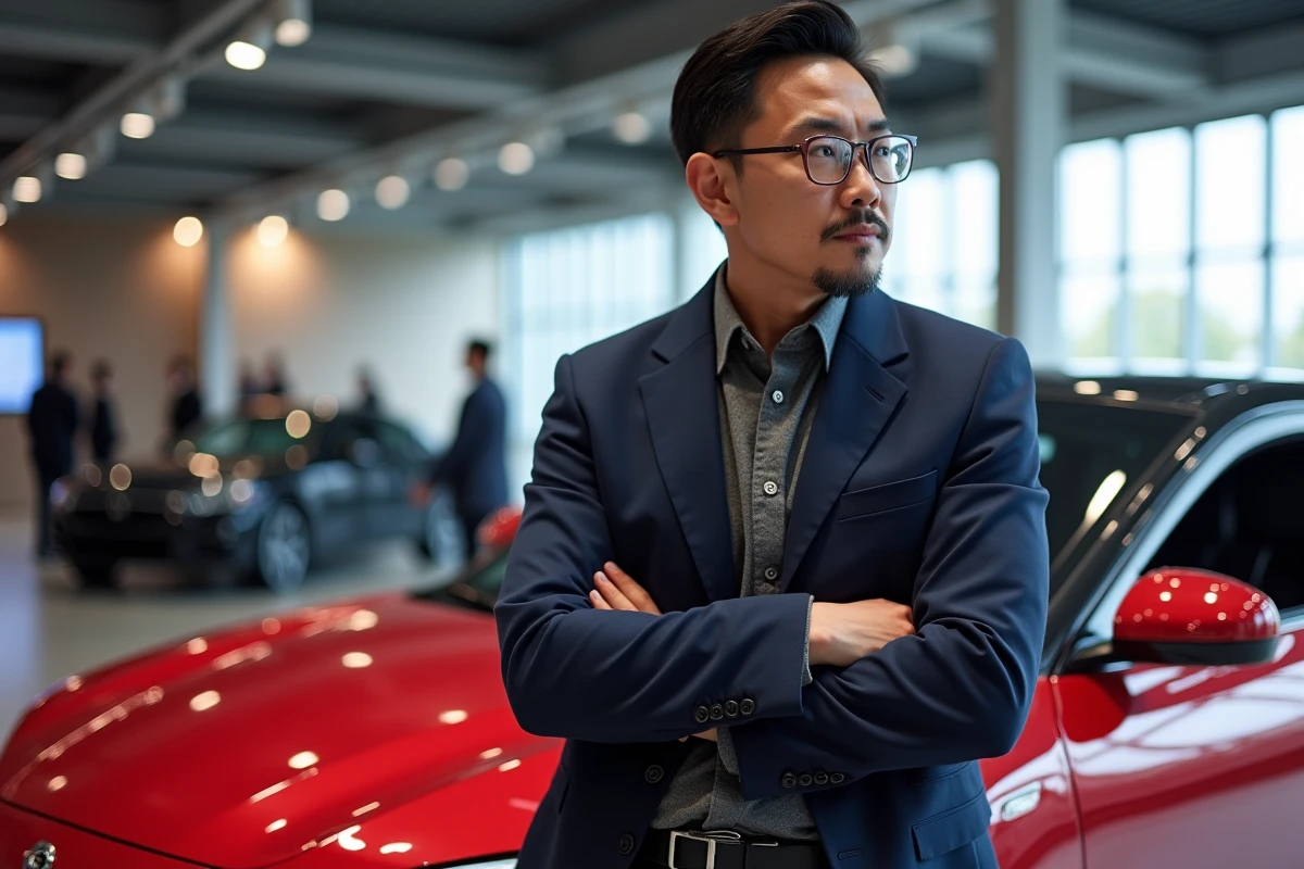 Journaliste automobile examinant une sportive coréenne lors d'un salon de l'auto