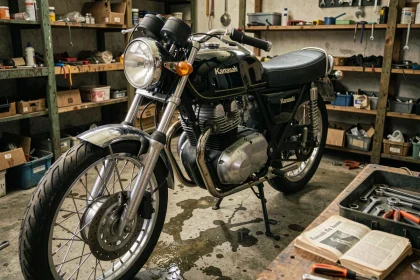 Kawasaki KZ 400 vintage dans un atelier de mécanique avec carburateurs apparents et outils de réglage