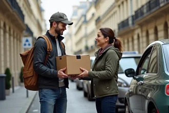 Jeune coursier remettant un colis à une femme dans une rue parisienne