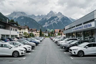 Parking d'agences de location de voitures en Isère avec le massif de la Chartreuse en arrière-plan
