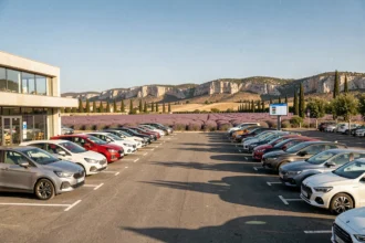 Vue panoramique d'un parking d'agences de location de voitures en Provence avec paysage méditerranéen en arrière-plan