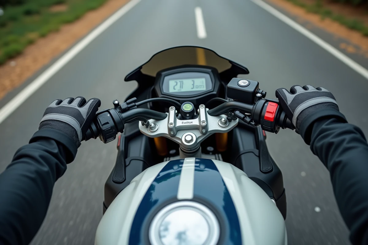 Gros plan sur les mains gantées d'un motard serrant le levier de frein, illustrant une erreur de pilotage fréquente chez les débutants