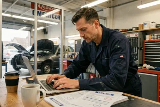 Mécanicien en garage complétant les formalités de carte grise en urgence sur un ordinateur portable au bureau de réception