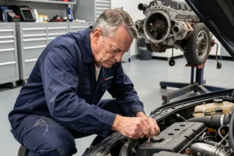 Mécanicien inspectant le bouchon de remplissage d'huile moteur dans un garage automobile moderne