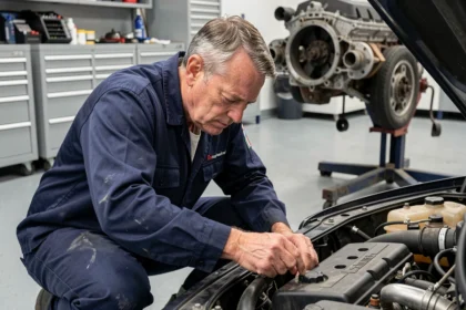 Mécanicien inspectant le bouchon de remplissage d'huile moteur dans un garage automobile moderne