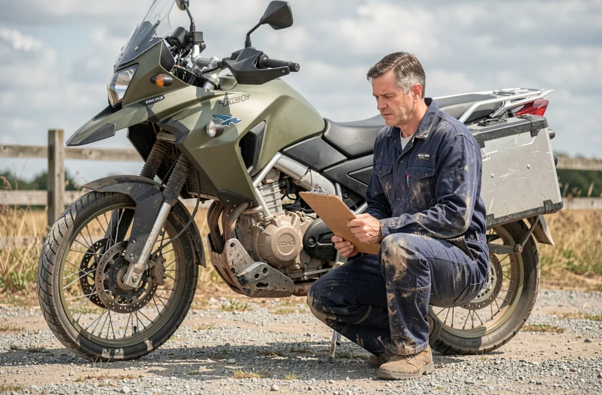 Mécanicien inspectant une moto trail d'occasion dans un parking en gravier, évaluation de la cote argus