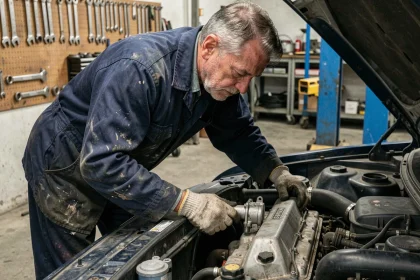 Mécanicien inspectant une vanne EGR défectueuse dans un atelier automobile professionnel