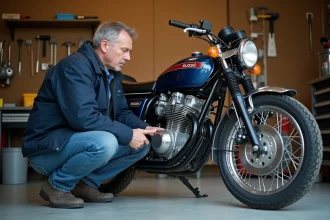 Homme en veste de travail examine le cadre d'une Suzuki 750 GT