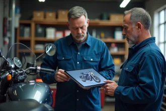 Mécanicien moto utilisant une tablette pour simulation numérique