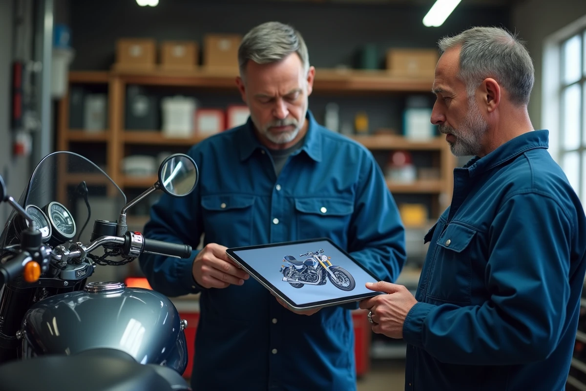 Mécanicien moto utilisant une tablette pour simulation numérique