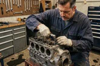 Mécanicien serrant les boulons de culasse d'un moteur après rodage avec une clé dynamométrique dans un garage professionnel
