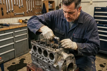 Mécanicien serrant les boulons de culasse d'un moteur après rodage avec une clé dynamométrique dans un garage professionnel
