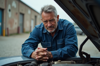 Mécanicien d'âge moyen inspectant un vieux sedan en extérieur