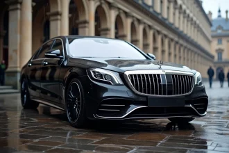 Mercedes S600 V12 noire garée sur des pavés mouillés devant une façade européenne imposante, vue en angle trois quarts avant