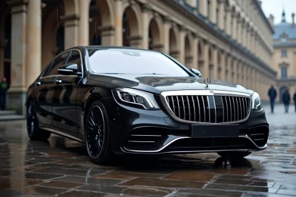 Mercedes S600 V12 noire garée sur des pavés mouillés devant une façade européenne imposante, vue en angle trois quarts avant