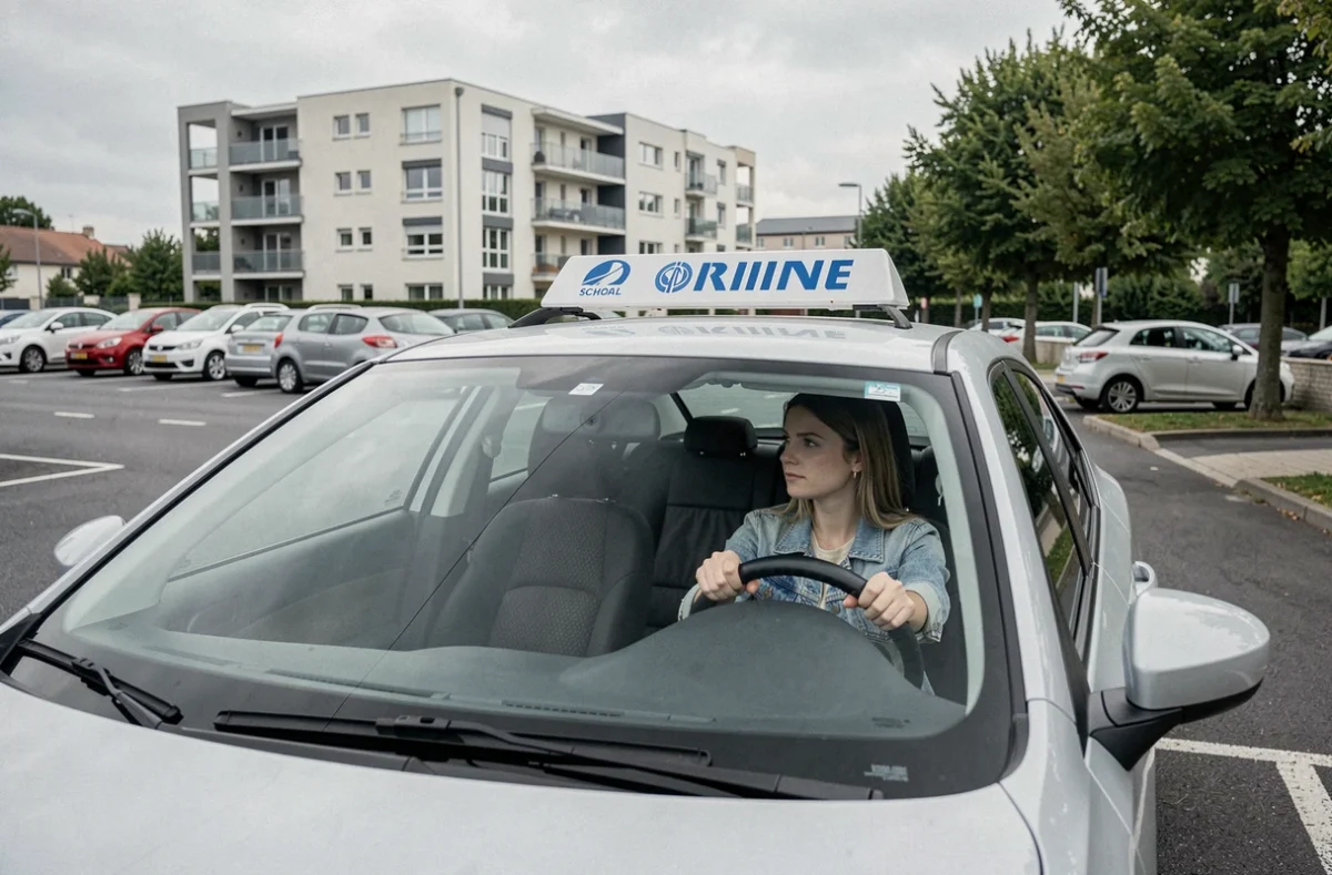Une élève de Montagne Ingré EC effectuant une manœuvre de stationnement dans un parking résidentiel à Ingré