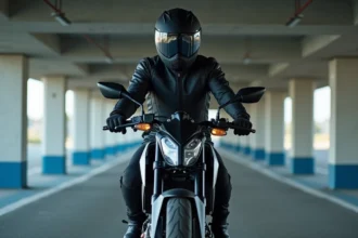 Jeune motard débutant en équipement complet assis sur une moto sportive dans un parking souterrain, illustrant les erreurs courantes à éviter