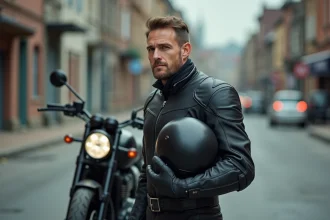 Motard en équipement cuir noir posant à côté d'une moto sportive puissante en milieu urbain